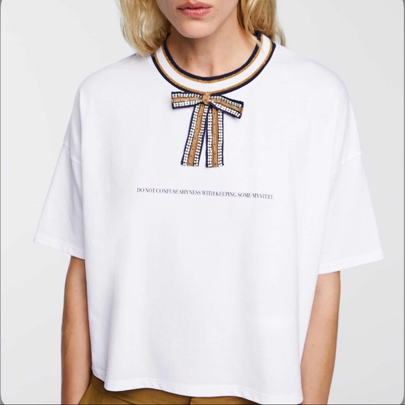 Zara Tops - Zara Bow Embellished Slogan Graphic Tee